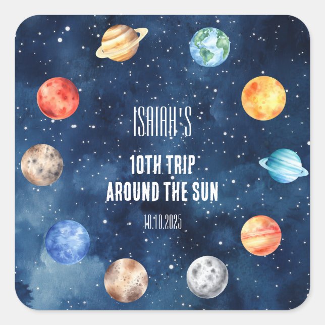 Boy Outer Space 10th Trip Around the Sun Birthday Square Sticker (Front)