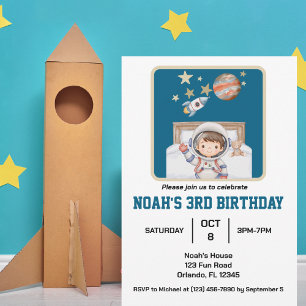 Boy & Outer Space,Cute Simple Watercolor Birthday Invitation