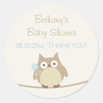 Boy Owl Baby Shower Thank You Classic Round Sticker by JK_Graphics at Zazzle
