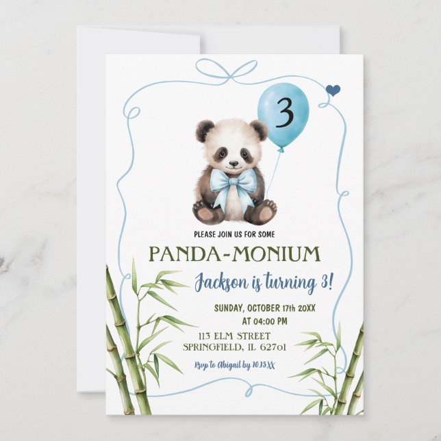 Boy Panda with Bow Blue Handdrawn Birthday Invitation (Front)