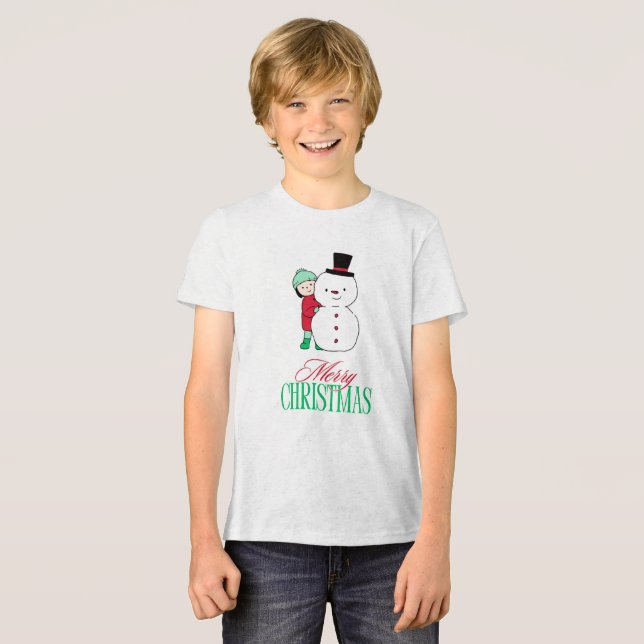 Boy peeking around snowman Tri-Blend shirt (Front Full)