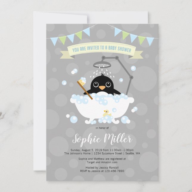 Boy Penguin Baby Shower Invitation (Front)