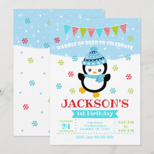 Boy Penguin Birthday Invitation / Waddle On Over