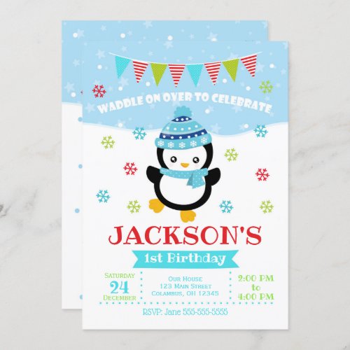 Boy Penguin Birthday Invitation  Waddle On Over