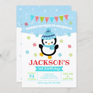 Boy Penguin Birthday Invitation / Waddle On Over