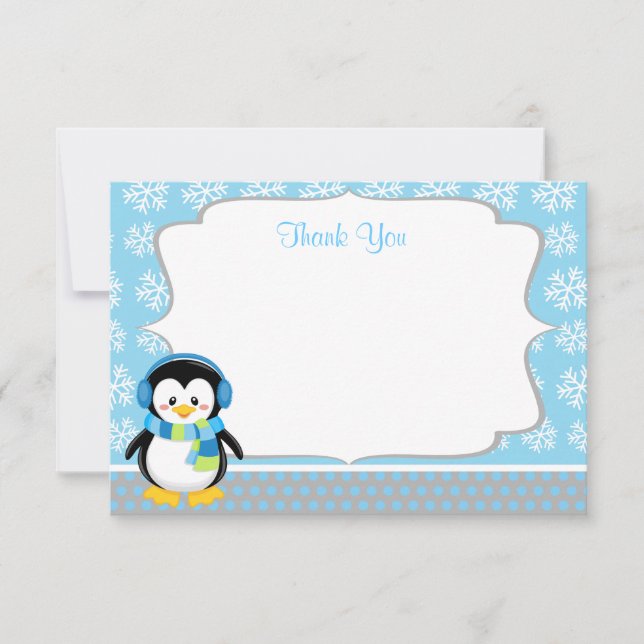 Boy Penguin Winter Snowflake Thank You Cards (Front)