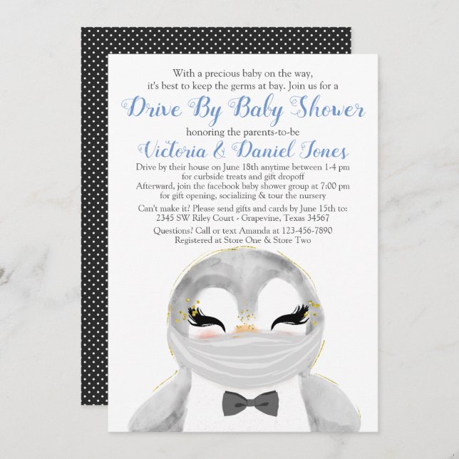 Boy Penguin with Mask Drive By Baby Shower Invitation (Front/Back)