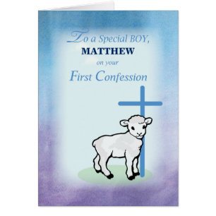 Boy Personalize Name on First Confession with Lamb Cards