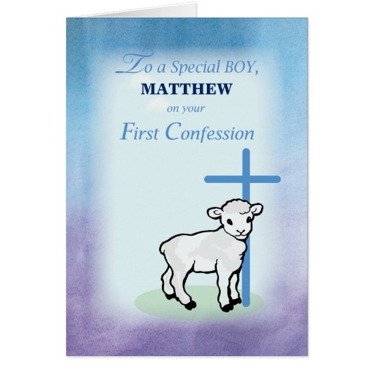 Boy Personalize Name on First Confession with Lamb Cards (Front)