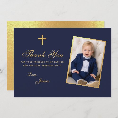 Boy Photo Baptism Faux Gold Foil Navy Blue Script Thank You Card