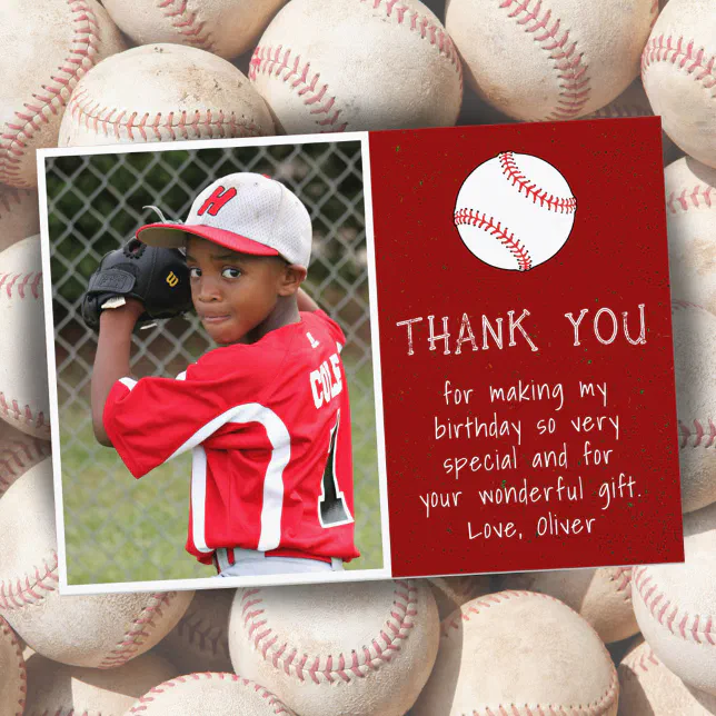 Boy Photo Baseball Ball Kid's Birthday Thank You Card | Zazzle