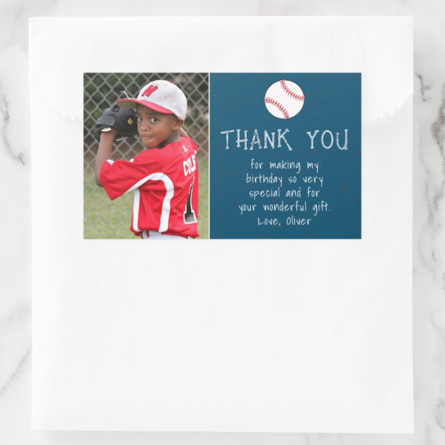 Boy Photo Baseball Ball Thank you Birthday  Rectangular Sticker (Bag)