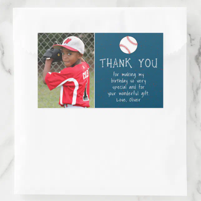 Boy Photo Baseball Ball Thank you Birthday Rectangular Sticker | Zazzle