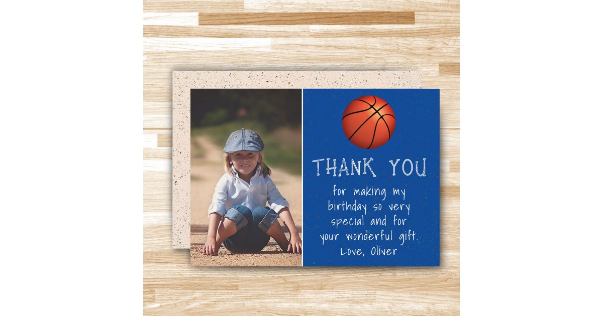 Boy Photo Basketball Ball Kid's Birthday Thank You Card | Zazzle