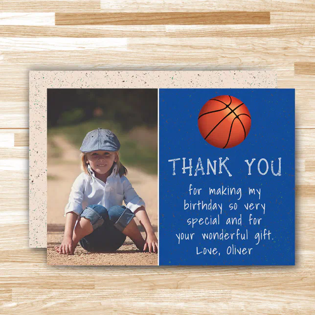 Boy Photo Basketball Ball Kid's Birthday Thank You Card | Zazzle