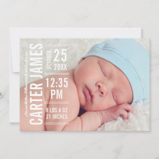 Boy Photo Birth Announcement Card | Modern Type