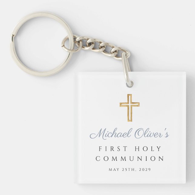 Boy Photo Blue First Communion  Keychain (Front)