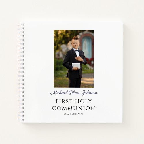 Boy Photo Blue Script First Communion Guestbook Notebook