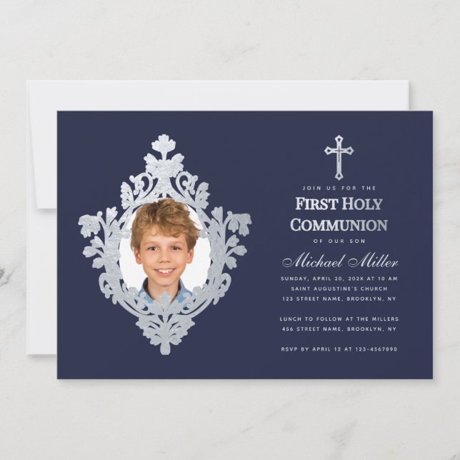 Boy Photo First Communion Navy Blue Faux Silver Invitation (Front)