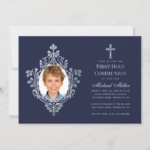 Boy Photo First Communion Navy Blue Faux Silver Invitation