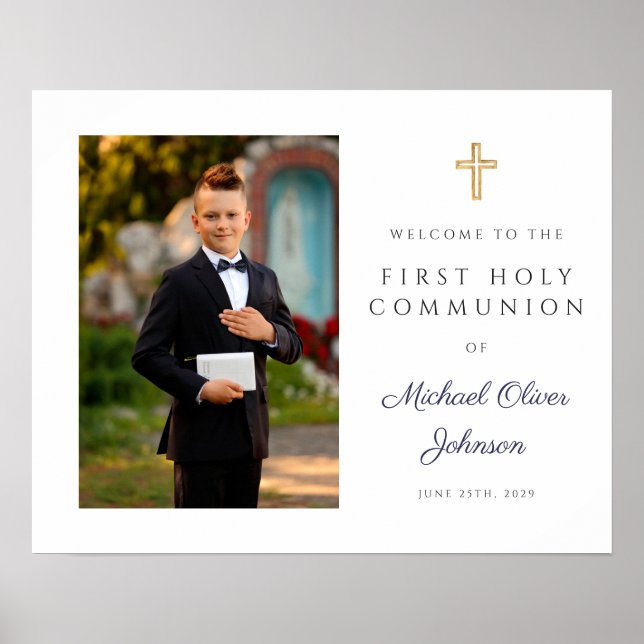 Boy Photo First Communion Navy Blue Poster (Front)