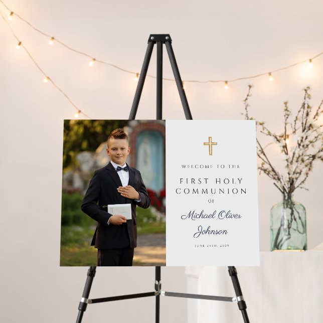 Boy Photo First Navy Blue Communion Welcome Foam Board (In Situ (Stand))