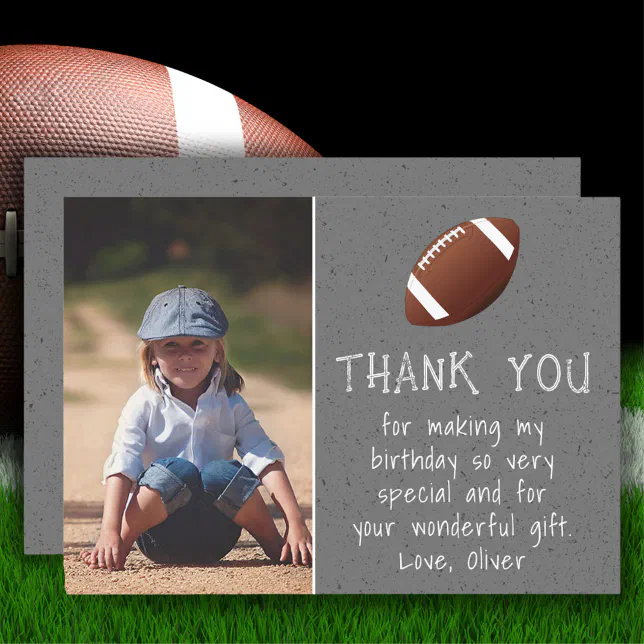 Boy Photo Football Ball Kid's Birthday Thank You Card | Zazzle