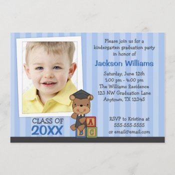 Boy Photo Graduation Bear Blue Stripes Invitation by WhimsicalPrintStudio at Zazzle