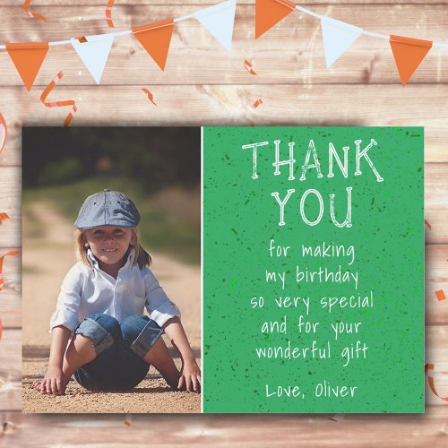Boy Photo Green Simple Kids Birthday  Thank You Card