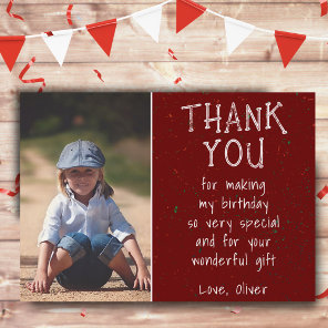 Boy Photo Red Simple Kid's Birthday  Thank You Card