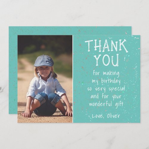 Boy Photo Turquoise Kids Birthday  Thank You Card