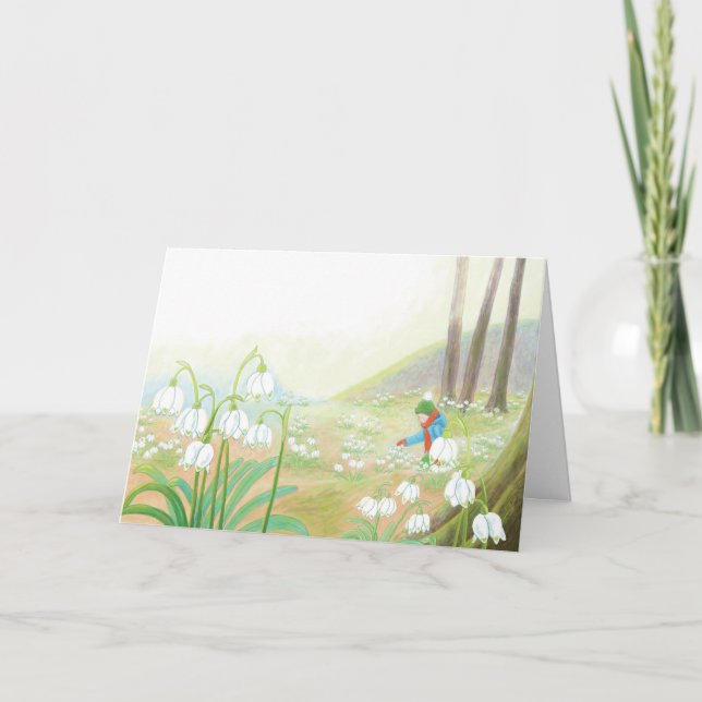 Boy Picking Spring Snowflakes Illustration  Card (Front)
