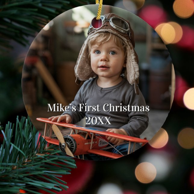 Boy Pilot Airplane Aviation Cute Photo Christmas Ceramic Ornament (Creator Uploaded)