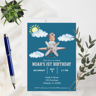 Boy Pilot, Airplane & Cloud,Photo First Birthday  Invitation