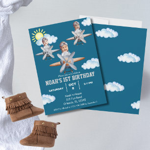 Boy Pilot, Airplane & Cloud,Photo First Birthday  Invitation