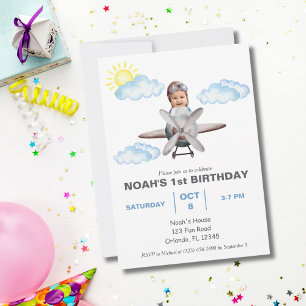 Boy Pilot, Airplane & Cloud,Photo First Birthday Invitation