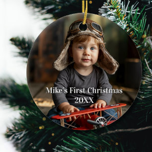 Boy Pilot Airplane Photo Aviation Cute Christmas Ceramic Ornament