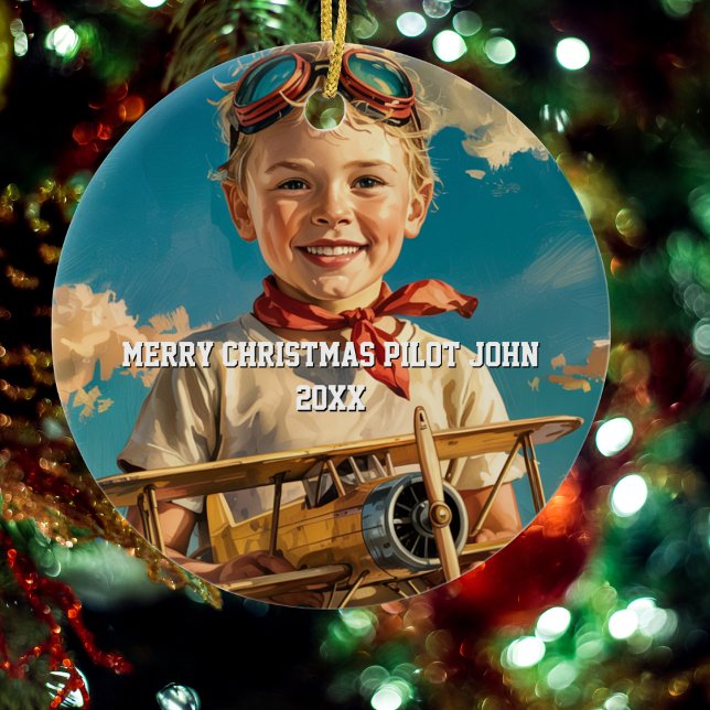 Boy Pilot Aviator & Toy Airplane Custom XMAS Ceramic Ornament (Creator Uploaded)