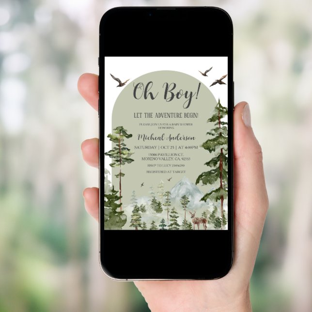 Boy Pine Tree Forest Mountain Baby Shower  Invitation (Front Digital)