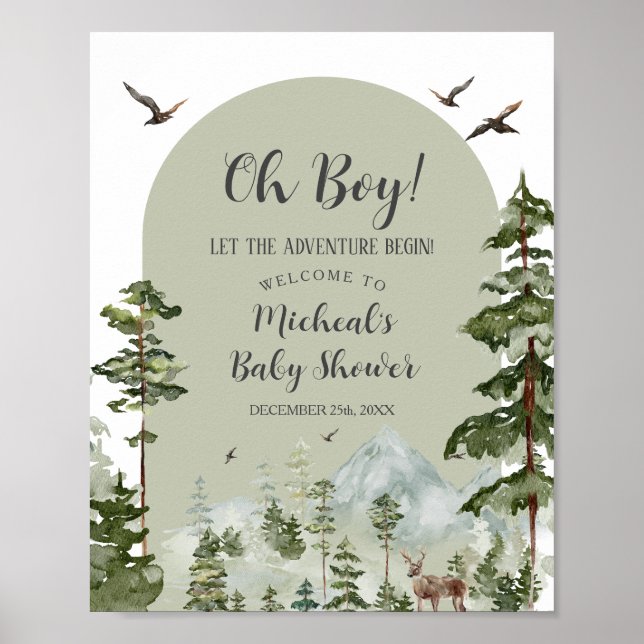 Boy Pine Tree Forest Mountain Baby Shower Welcome Poster (Front)