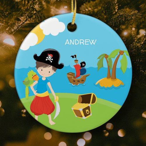 Boy Pirate with Treasure and Parrot Christmas Ceramic Ornament