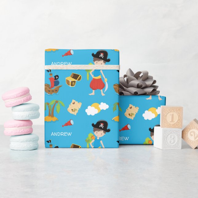 Boy Pirate with Treasure, Parrot, and First Name Wrapping Paper (Baby Shower)