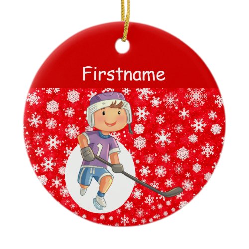 Boy player hockey ornament - red white snow