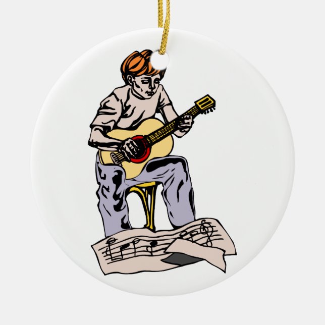 Boy playing acoustic guitar with sheet music ceramic ornament (Front)