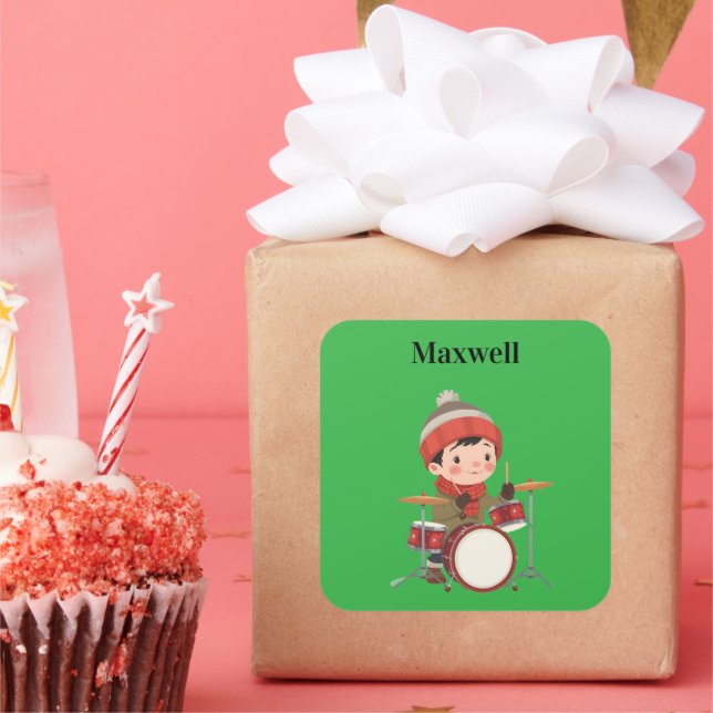 boy playing drums Christmas holiday  Square Sticker (Party)