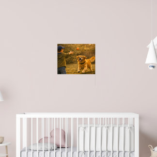 Boy Playing Fetch with Dog Bedroom Poster