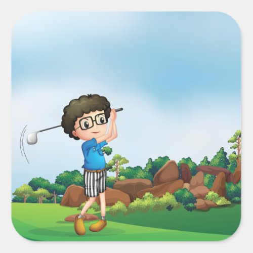 Boy Playing Golf Square Sticker