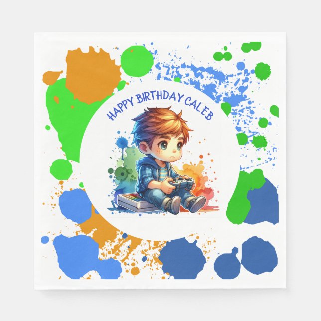 Boy Playing Video Games Personalized Birthday Napkins (Front)