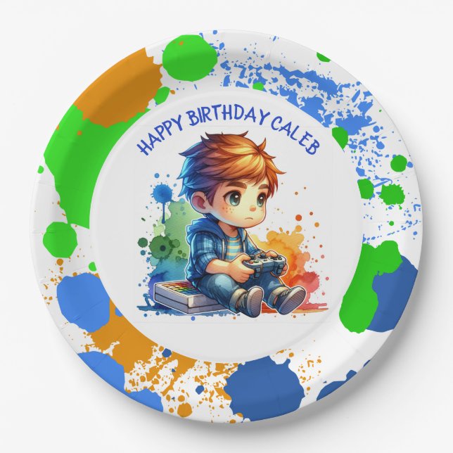 Boy Playing Video Games Personalized Birthday Paper Plates (Front)
