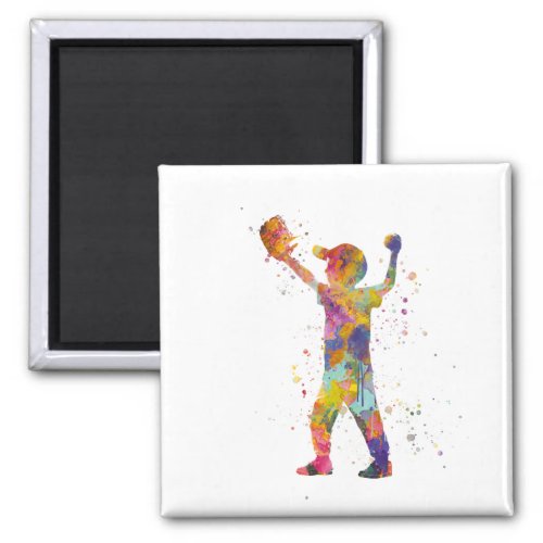 Boy plays baseball in watercolor magnet